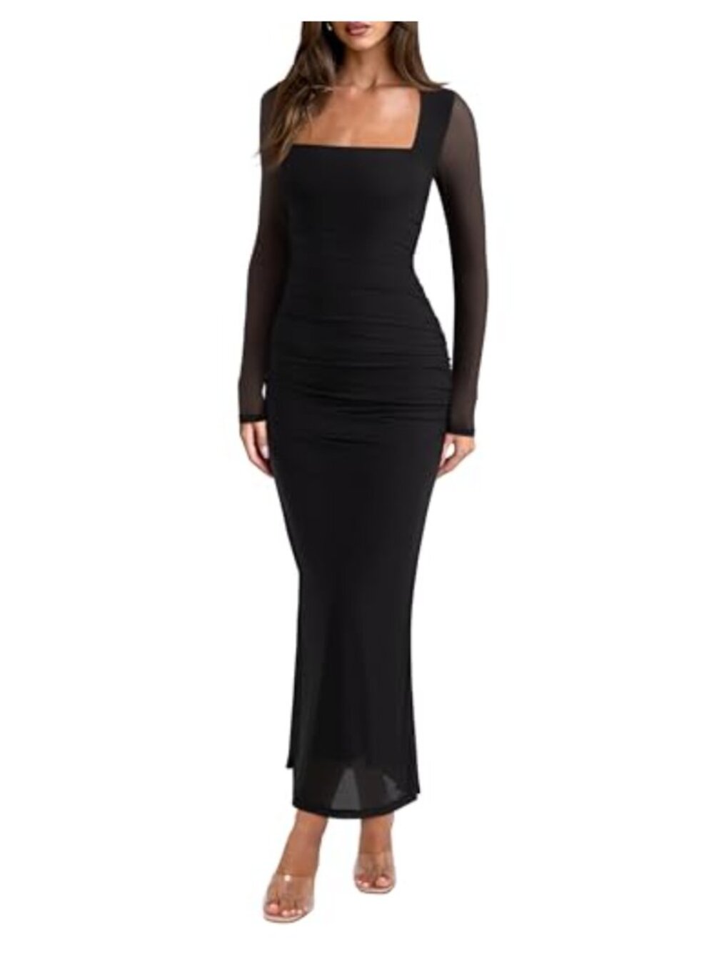 Maxi Dress Women Sheer Mesh Long Sleeve Square Neck Ruched Bodycon